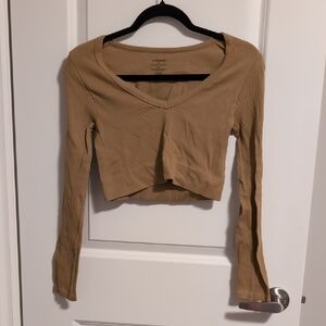 Ambiance Ribbed V-Neck Long Sleeve Crop Top - Beige